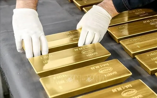 Vàng được trưng bày tại nhà máy Shchyolkovo của Tập đoàn kim loại quý Yuzhuralzoloto, Nga. Ảnh tư liệu: TASS/TTXVN