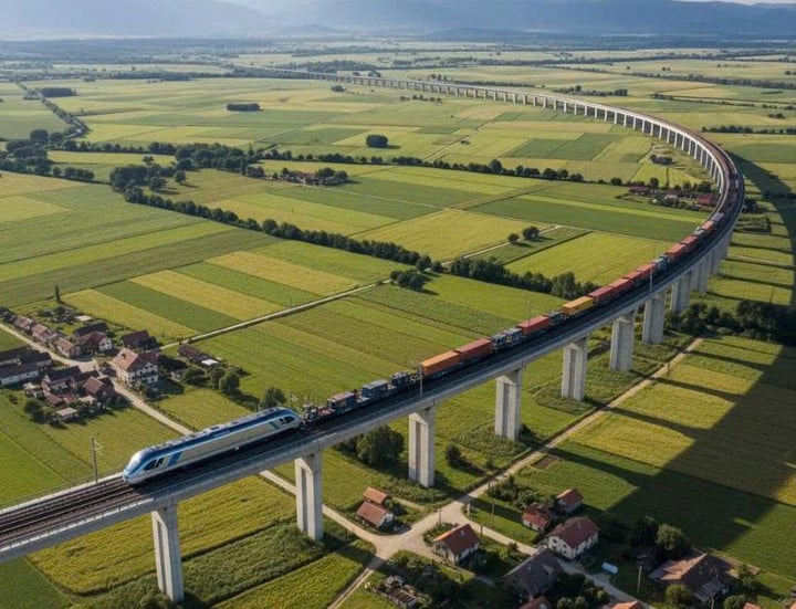 Perspektive der Containerbahn Bau Bang – Cai Mep mit einer Auslegungsgeschwindigkeit von 160 km/h für Personenzüge und 120 km/h für Güterzüge. (Quelle: Becamex)