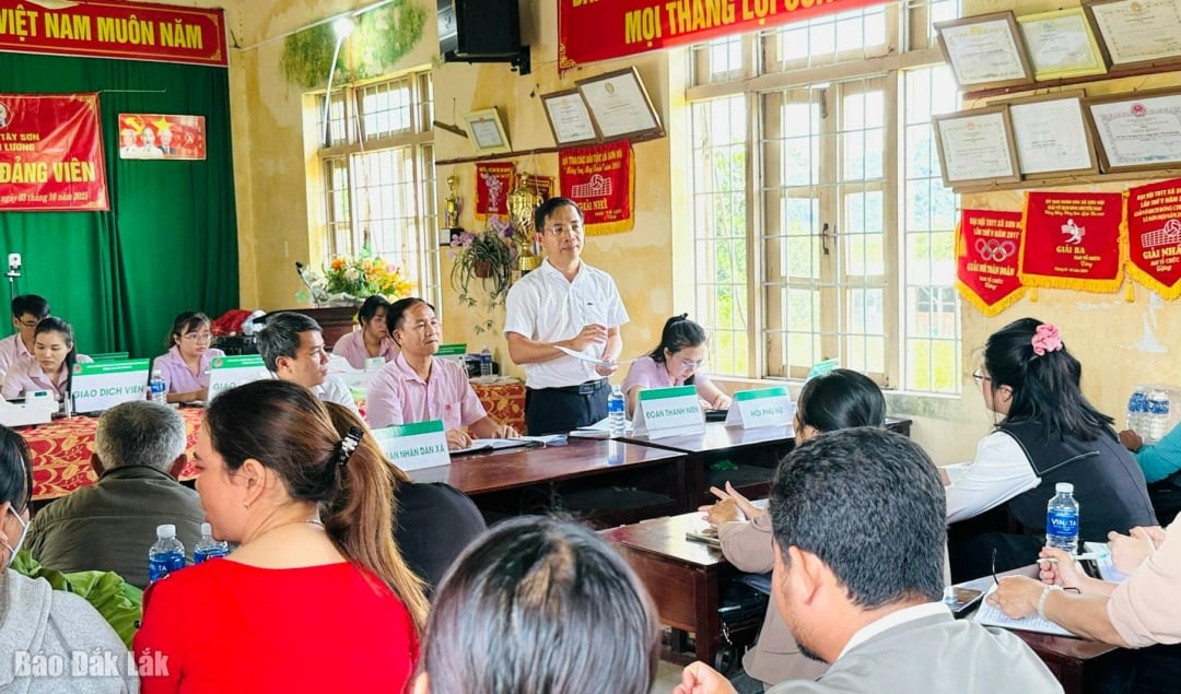 Herr Dao Thai Hoa, direktør for den provinsielle sosialpolitiske bankfilialen, talte ved transaksjonsstedet i Tay Son kommune.