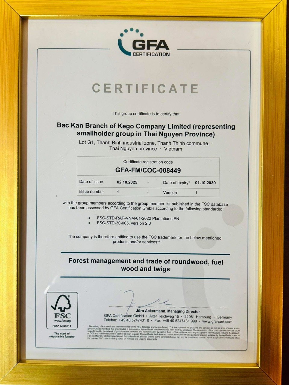 Le certificat FSC a été accordé par l'organisation GFA pour plus de 4 200 hectares de forêt dans deux communes de Nghia Ta et Yen Phong
