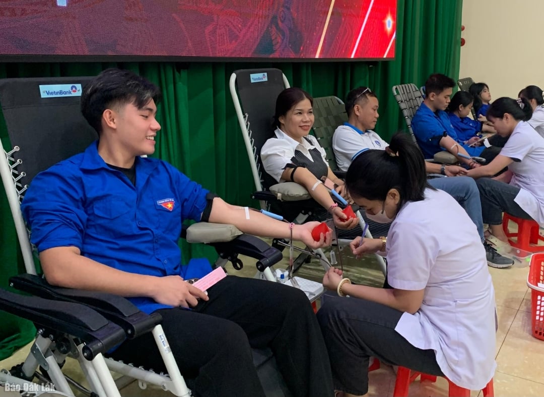 Estudiantes de la Facultad de Derecho de Hanoi, provincia de Dak Lak, participan en una donación de sangre.