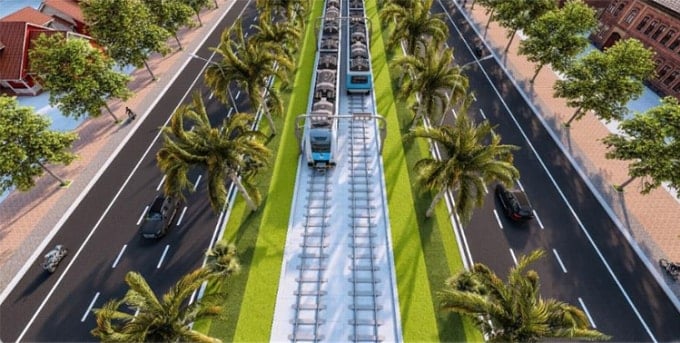 Perspectiva do trem de Phu Quoc circulando no solo com um sistema de estação moderno.