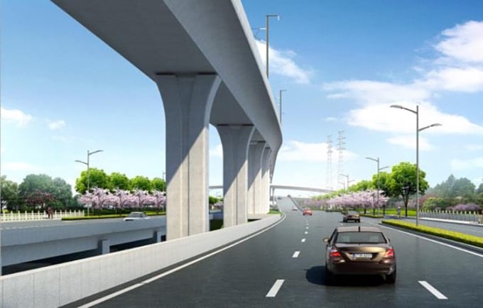Perspectiva da linha de metrô Phu Quoc com trilhos elevados.