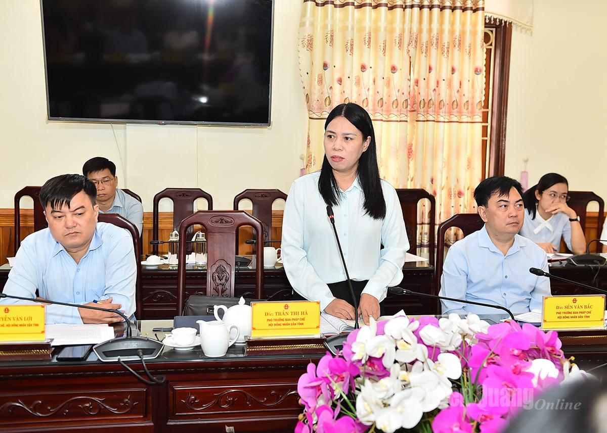 Comrade Tran Thi Ha, Deputy Head of the Legal Committee of the Provincial People's Council, spoke at the meeting.