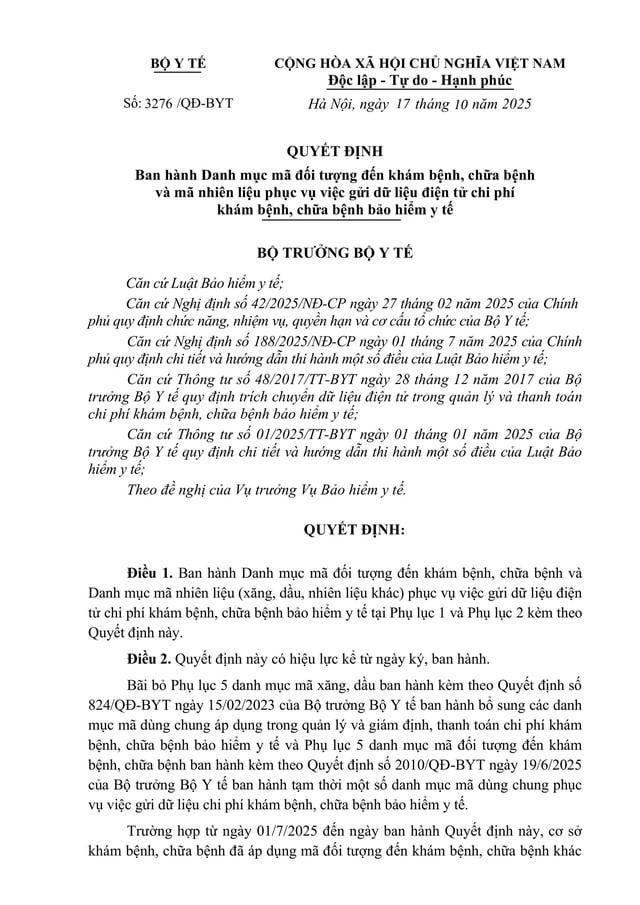 Avgjørelse 3276/QD-BYT: Liste over koder for personer som kommer til medisinsk undersøkelse og behandling under HELSEFORSIKRING - Foto 2. Quyết định 3276/QĐ-BYT: Danh mục mã đối tượng đến khám, chữa bệnh BẢO HIỂM Y TẾ- Ảnh 2.