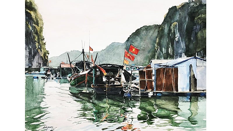 سوق السمك في خليج كات با، ألوان مائية، 56×76 سم 2025.