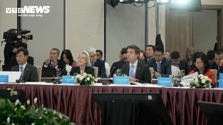 Fru Pauline Tamesis, FNs faste koordinator i Vietnam (helt til høyre) og Julien Guerrier, EUs ambassadør i Vietnam (andre fra høyre) deltok i diskusjonen. (Foto: Nguyen Trung)