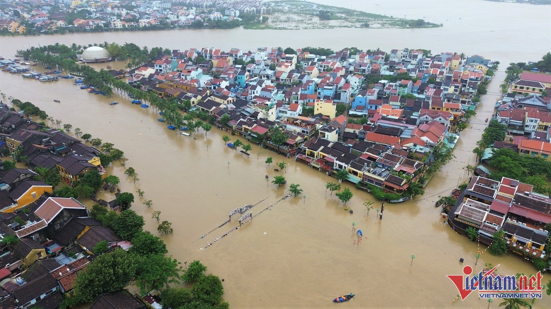 Hoi An ancient town submerged in flood water, seen from above.