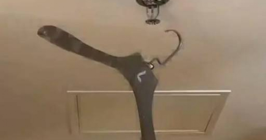 Advarselsbilde om ikke å henge kleshengere på brannsprinklere på hotellrom.
