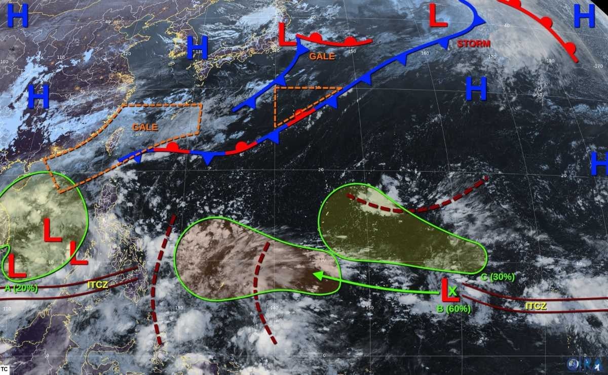 Lågtrycksmönster och störningar i Östhavet och nordvästra Stilla havet den 28 oktober. Foto: JTWC