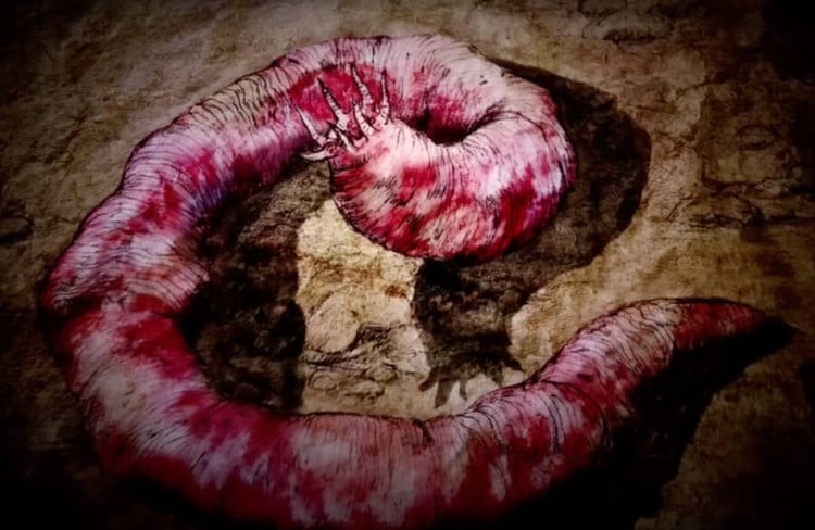 ແມ່ທ້ອງຕາຍຂອງຊາວມົງໂກນມີຮ່າງກາຍສີແດງເປັນສີແດງ ມີຮວງແຫຼມອອກມາຈາກສົ້ນທັງສອງ. ຮູບພາບ: Animal Planet/YouTube. giunn-3.jpg