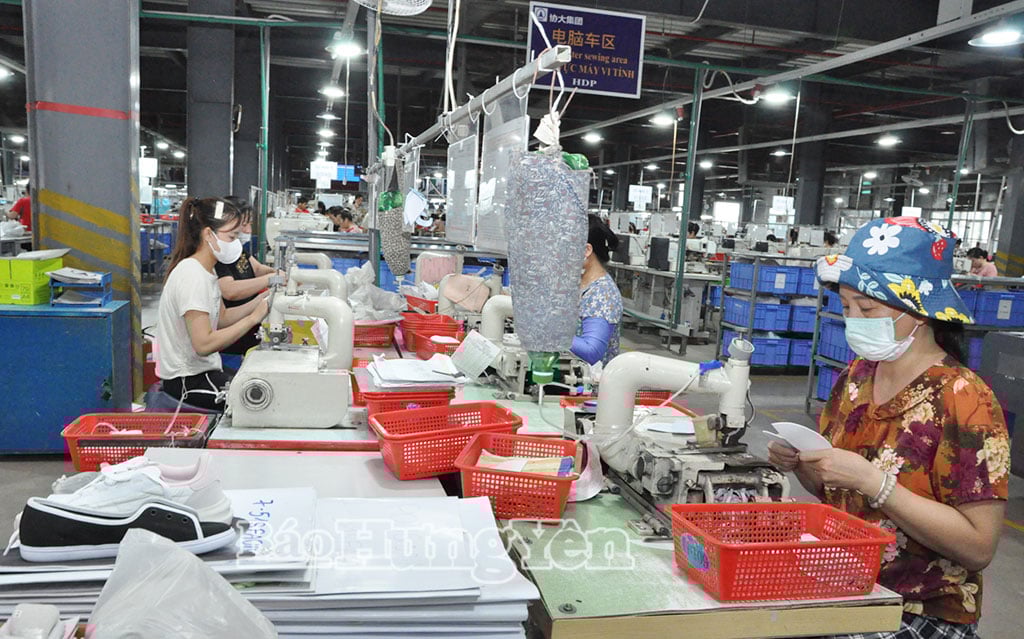 Zaměstnankyně společnosti Tien Phong Thai Binh Company Limited (obec Le Quy Don) během výrobních hodin.