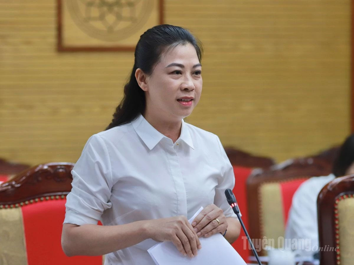 អនុលេខាអចិន្ត្រៃយ៍គណៈកម្មាធិការបក្សខេត្ត Le Thi Kim Dung មានប្រសាសន៍ក្នុងកិច្ចប្រជុំ។