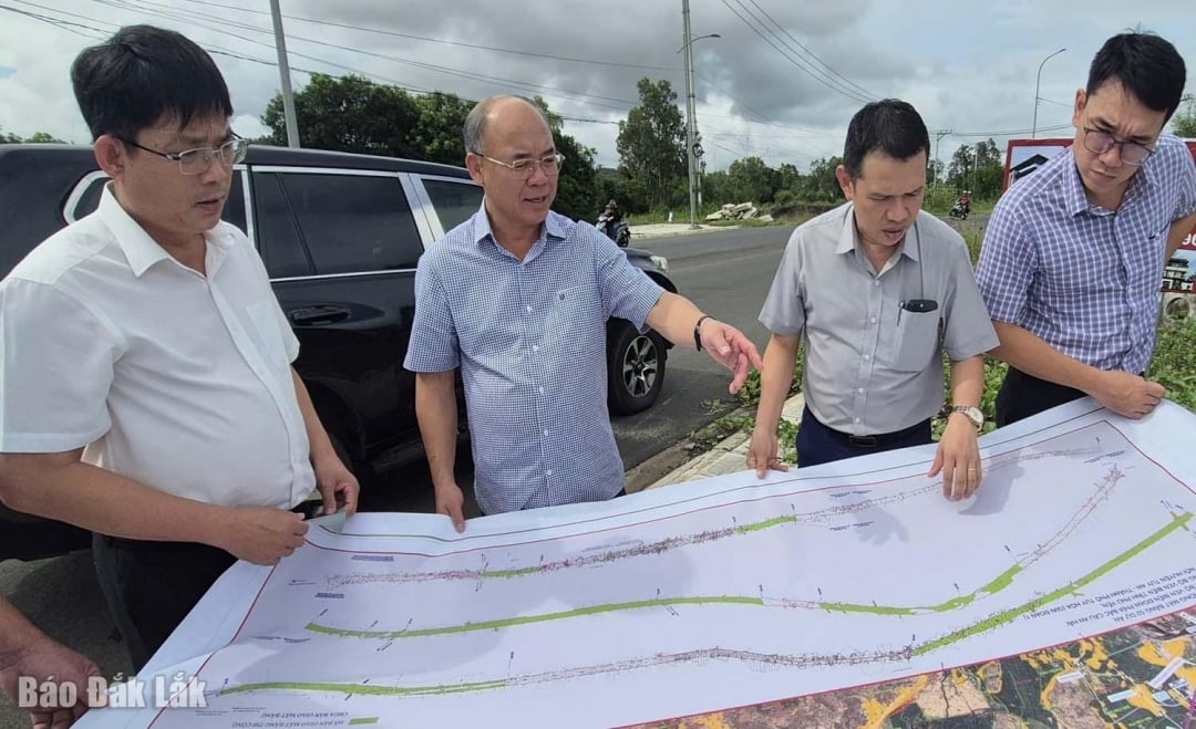 អនុប្រធានគណៈកម្មាធិការប្រជាជនខេត្ត Truong Cong Thai (ទីពីរពីឆ្វេង) បានត្រួតពិនិត្យទីតាំងគម្រោងតាមរយៈឃុំ Binh Kien។