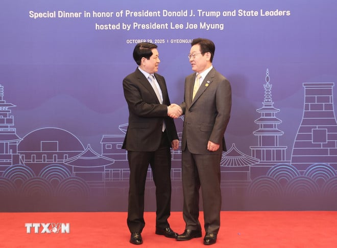 দক্ষিণ কোরিয়ার প্রেসিডেন্ট লি জায়ে মিউং প্রেসিডেন্ট লুং কুওংকে স্বাগত জানিয়েছেন। (ছবি: লাম খান/ভিএনএ) ttxvn-chu-tich-nuoc-du-chieu-dai-chao-mung-cua-tong-thong-han-quoc-8372869-2.jpg