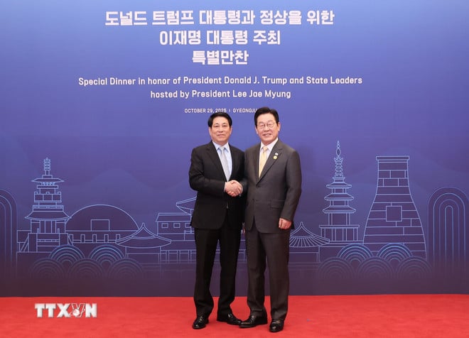 দক্ষিণ কোরিয়ার প্রেসিডেন্ট লি জায়ে মিউং প্রেসিডেন্ট লুং কুওংকে স্বাগত জানিয়েছেন। (ছবি: লাম খান/ভিএনএ) ttxvn-chu-tich-nuoc-du-chieu-dai-chao-mung-cua-tong-thong-han-quoc-8372869-1.jpg