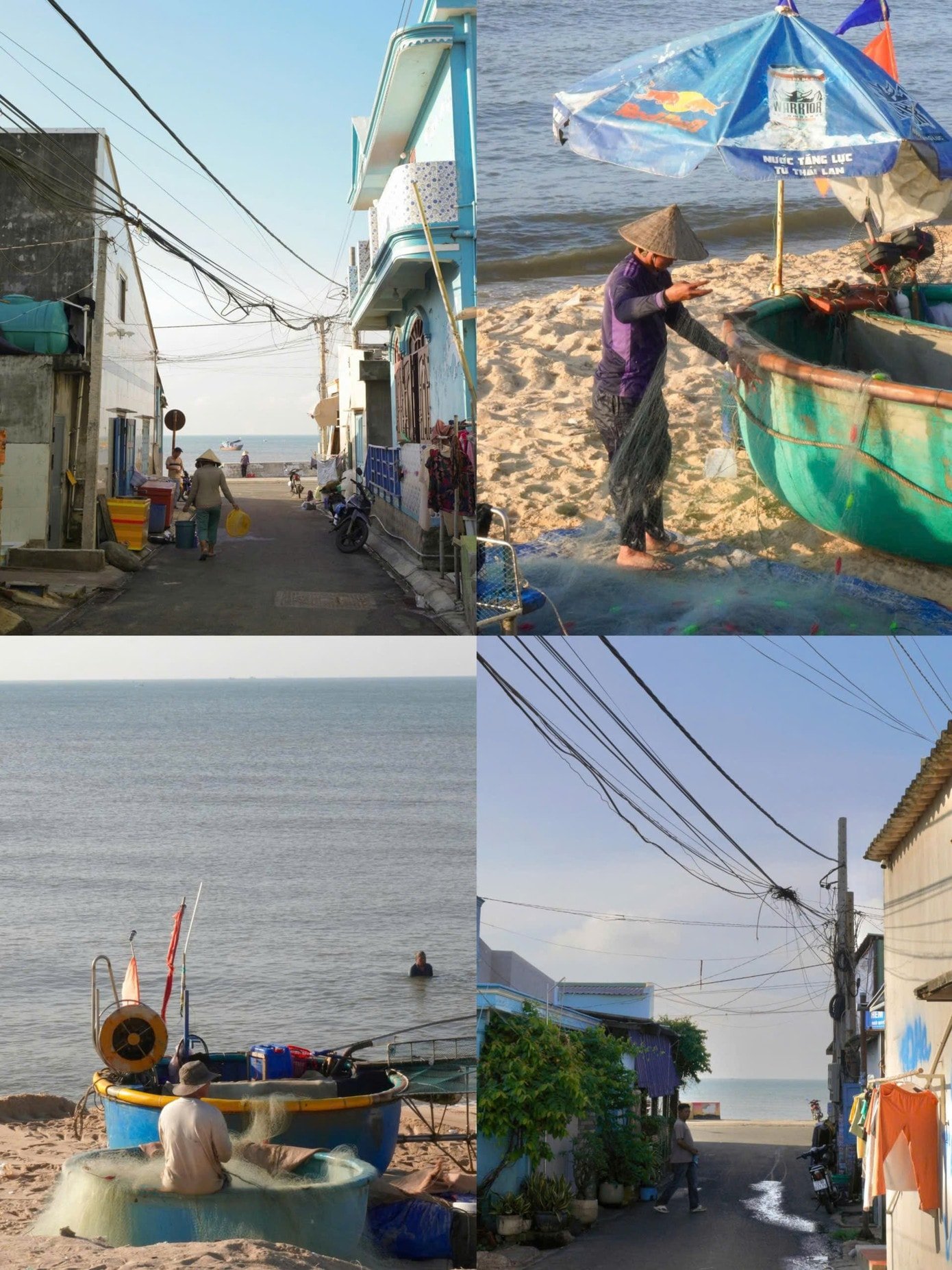 Idylická scéna v rybářské vesnici Phuoc Hai s košovými loděmi ležícími na písečném břehu.