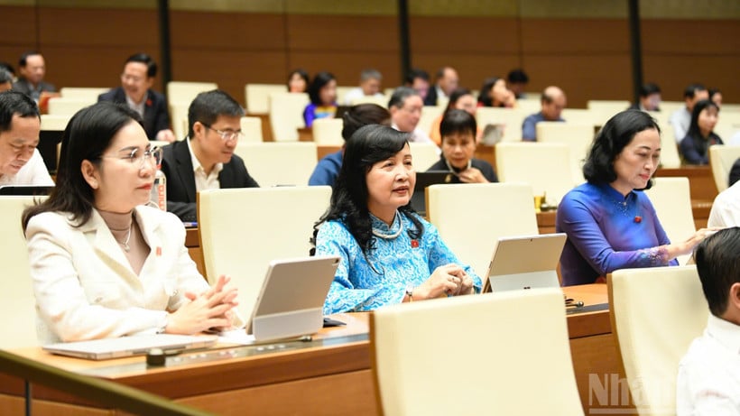 Representanter fra nasjonalforsamlingen deltar på en diskusjon i salen 29. oktober. (Foto: DUY LINH)