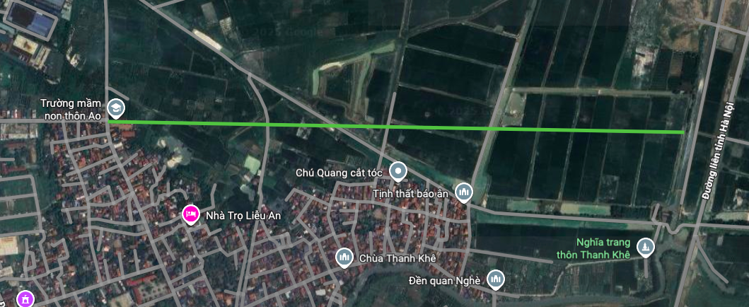 Podrobná mapa nové trasy přes mateřskou školu Ao Village na Google Map.