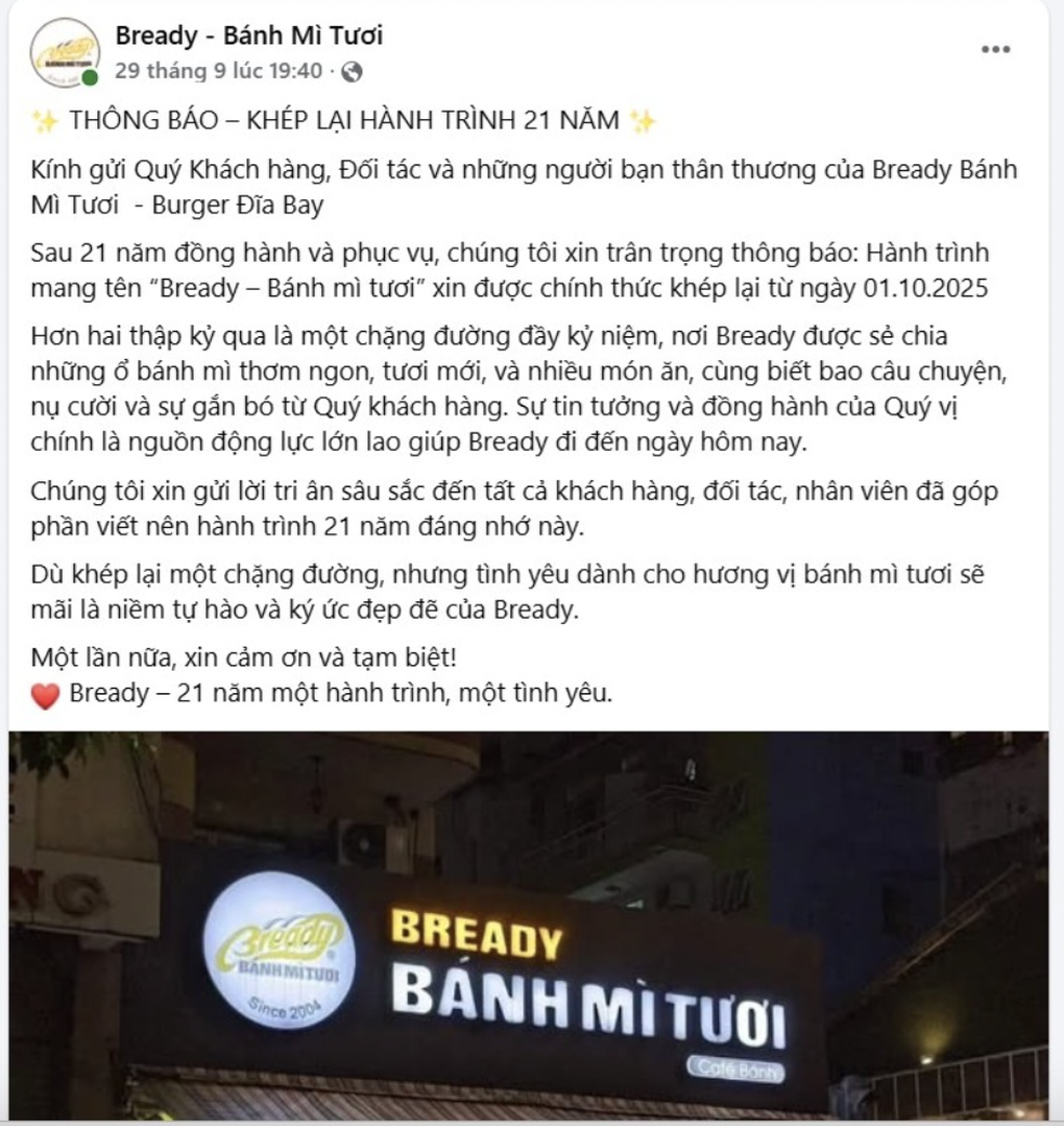Nhiều khách hàng tiếc nuối khi thương hiệu bánh mỳ tươi Bready đóng cửa - 1