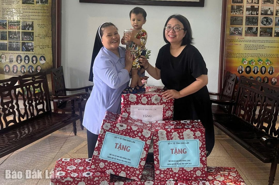 Frau Pham Thi Minh Hien, stellvertretende Direktorin des Gesundheitsministeriums (rechts), überreicht Vertretern des Mang Lang-Waisenhauses Geschenke.