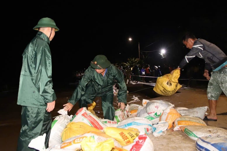 Pasukan Divisi 315 bekerja semalaman untuk memperkuat tanggul laut An Luong, Da Nang - Foto 1. Lực lượng Sư đoàn 315 xuyên đêm gia cố tuyến kè biển An Lương, Đà Nẵng- Ảnh 1.