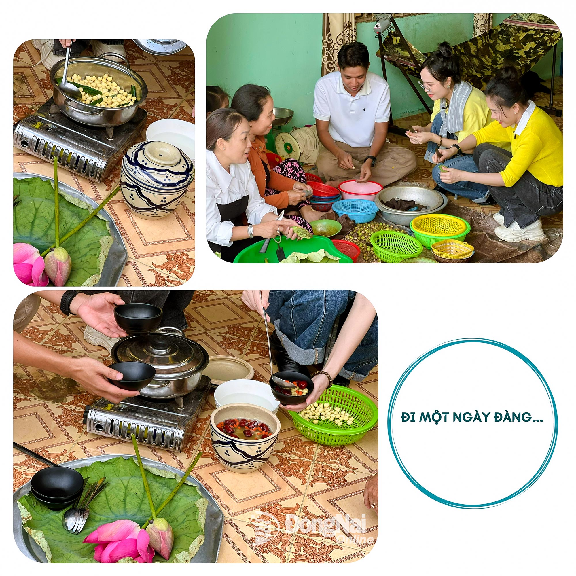 Hai MC cùng các hướng dẫn viên địa phương trải nghiệm những công đoạn chế biến sen thành món ăn dân dã, đậm hương vị quê Phú Hòa. Ảnh: Thanh Thùy