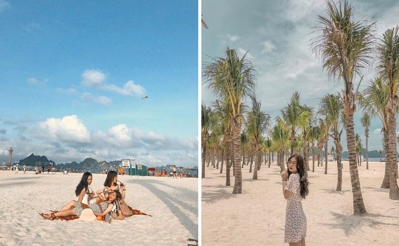 관광객들이 하롱베이의 푸른 바닷물에서 카약을 타고 있습니다.