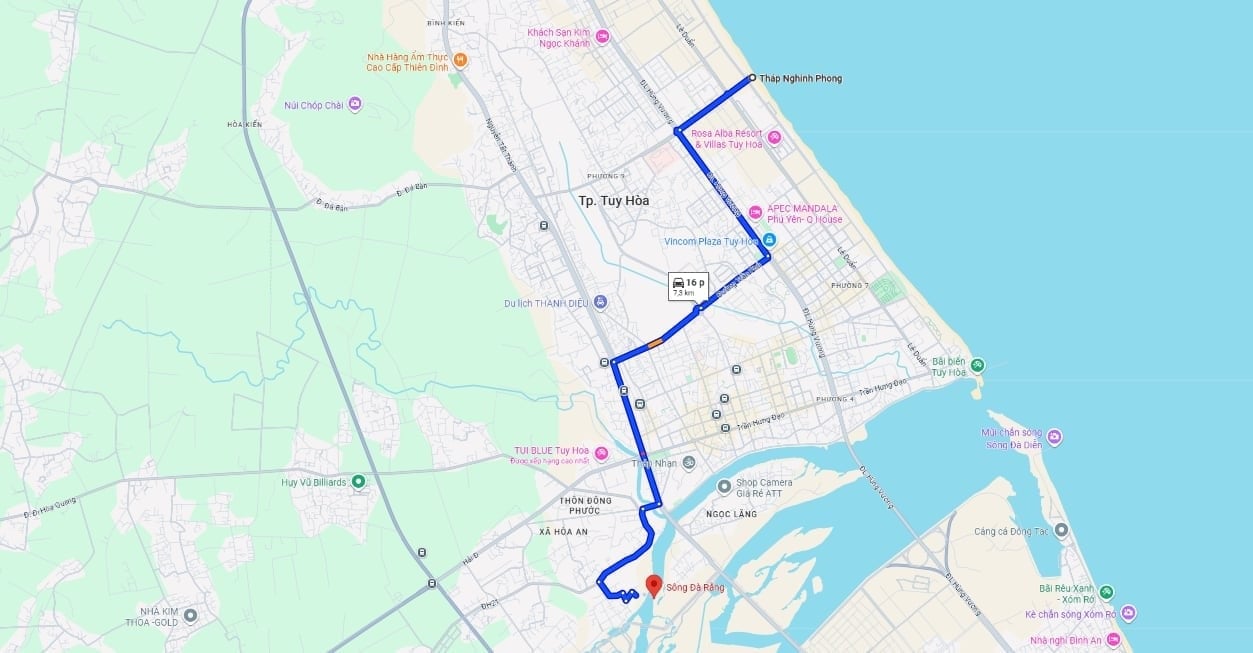 নঘিন ফং টাওয়ার থেকে দা রাং নদীর দিকে যাওয়ার দিকনির্দেশনা দেখানো মানচিত্র।