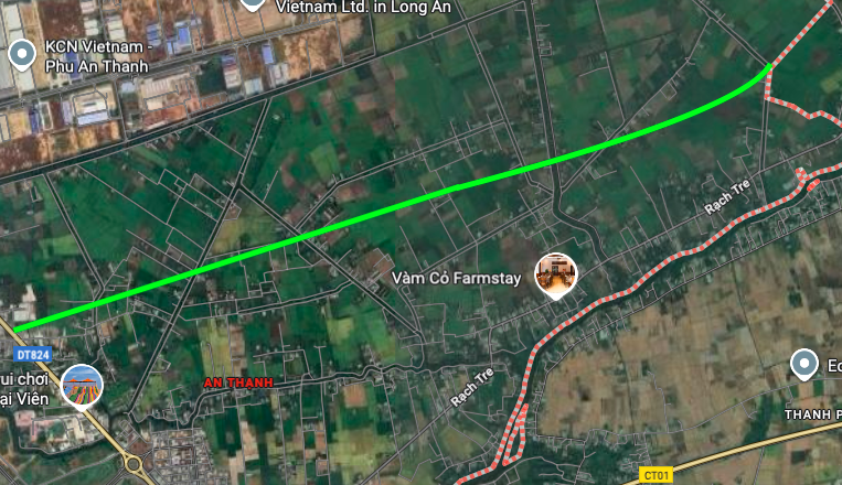 Detaljert kart over ruten som skal åpnes i henhold til planleggingen i Ben Luc kommune på satellittkart.