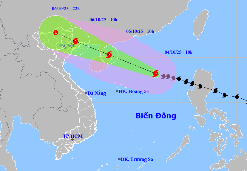 Hướng di chuyển của bão số 11 cập nhật đến trưa 4/10. Nguồn: NCHMF