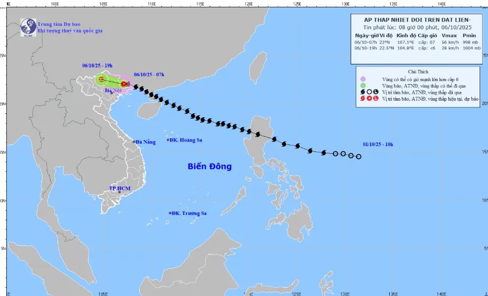 Carte de la trajectoire prévue et de l'intensité de la dépression tropicale émise à 8h00 le 6 octobre 2025. (Photo : KTTV)