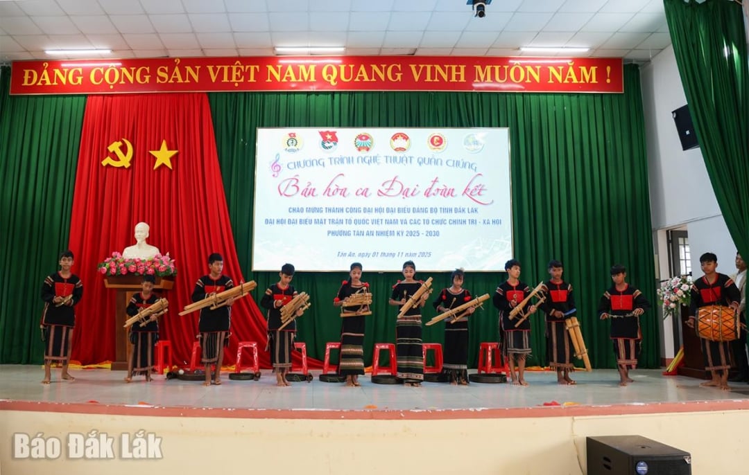 Tiết mục biểu diễn của Đội chiêng trẻ buôn Kmrơng Prông A.