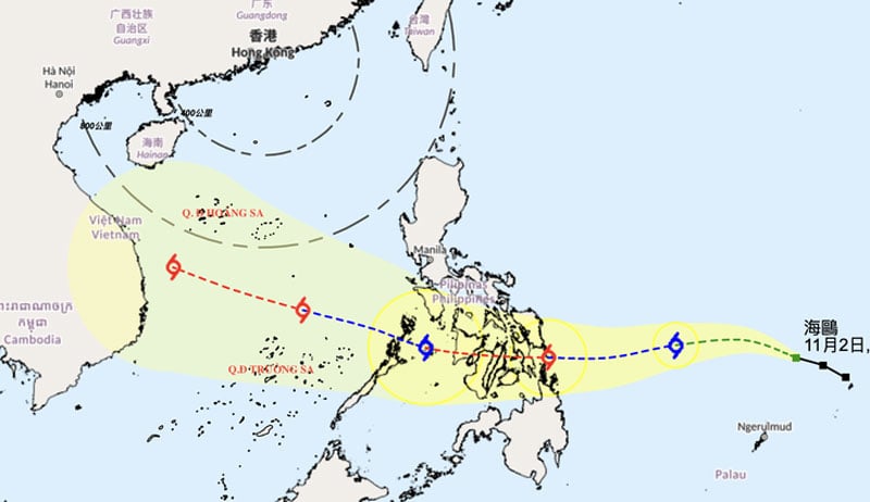 2 Kasım sabahı Kalmaegi fırtınasının yeri ve yönüne dair tahmin - Fotoğraf: HKO