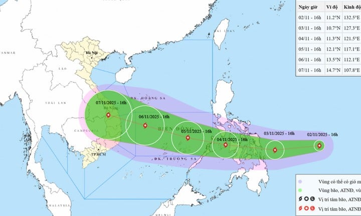 Прогнозируемая карта траектории и районов поражения тайфуна Калмаеги. (Источник: NCHMF)