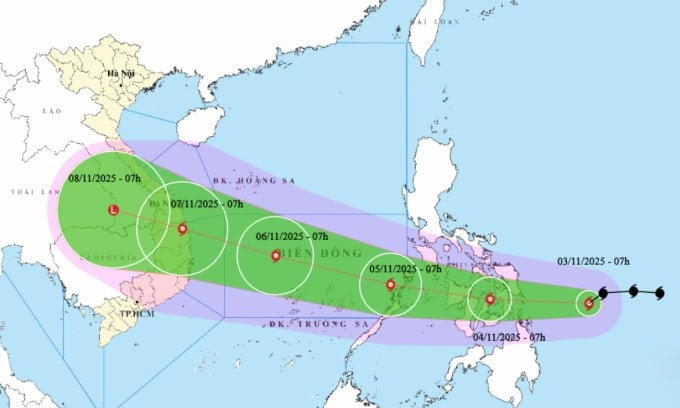৩ নভেম্বর সকালে কালমায়েগি ঝড়ের দিক এবং প্রভাবিত এলাকার পূর্বাভাস। ছবি: এনসিএইচএমএফ