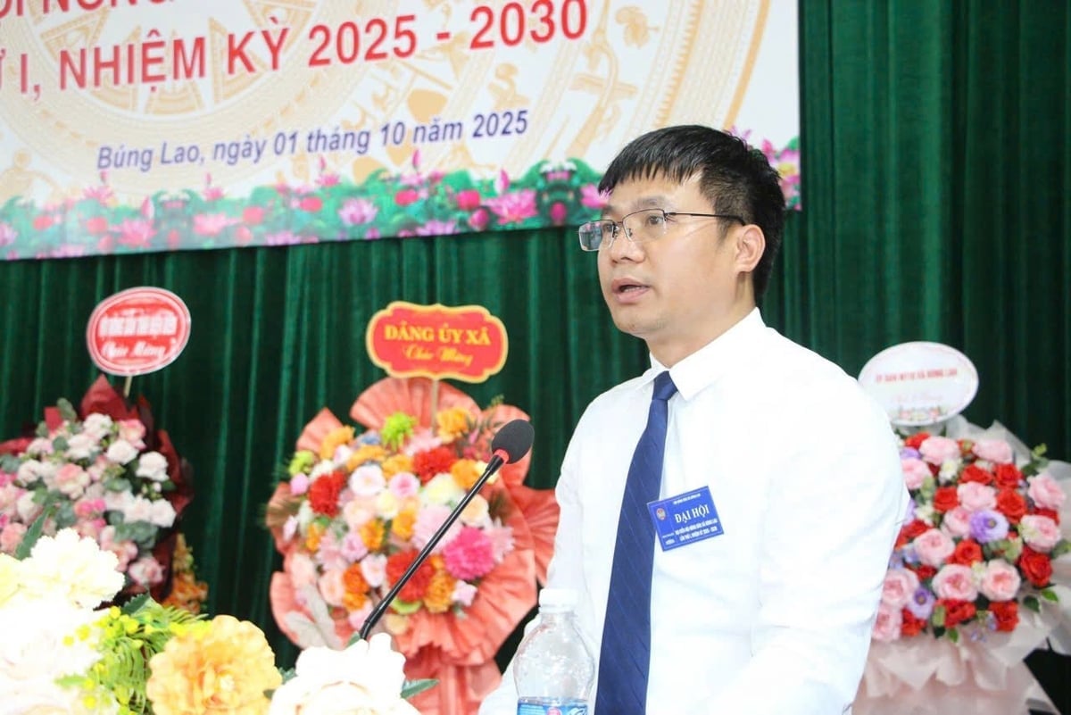 Ông Trần Quý Hùng, Chủ tịch Hội Nông dân tỉnh Điện Biên phát biểu tại Đại hội đại biểu Hội Nông dân xã Búng Lao. Ảnh: T.H. 