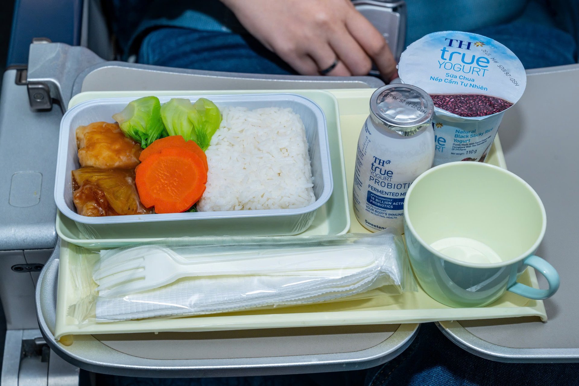 In der Economy Class werden Produkte wie das fermentierte Milchgetränk TH true YOGURT PROBIOTICS und schwarzer Klebreisjoghurt serviert. Foto: TH. Các sản phẩm như Sữa uống lên men TH true YOGURT PROBIOTICS, sữa chua nếp cẩm được phục vụ tại khoang phổ thông. Ảnh: TH.