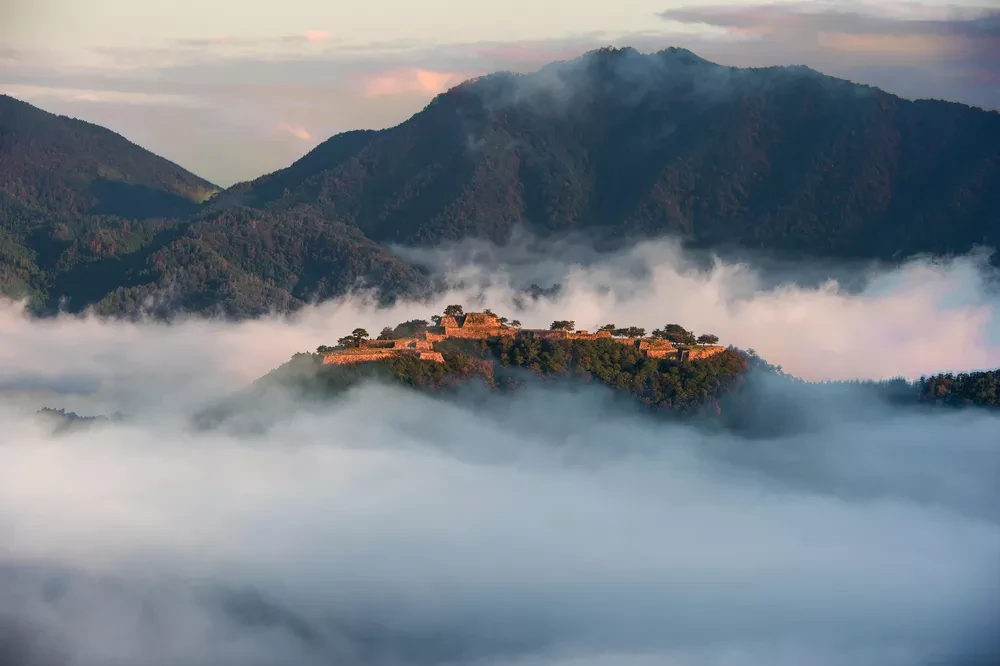 Takeda Castle ruins rise above the sea of ​​clouds in the early morning.
