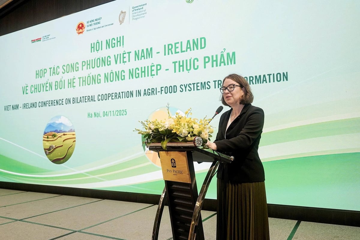 Irlands ambassadör i Vietnam, Deirdre Ní Fhallúin, bekräftade Irlands långsiktiga åtagande att stödja Vietnam i att bygga ett transparent, ansvarsfullt och hållbart livsmedelssystem. Foto: Bao Thang. Đại sứ Ireland tại Việt Nam Deirdre Ní Fhallúin khẳng định cam kết lâu dài của Ireland trong hỗ trợ Việt Nam xây dựng hệ thống lương thực - thực phẩm minh bạch, có trách nhiệm và bền vững. Ảnh: Bảo Thắng.