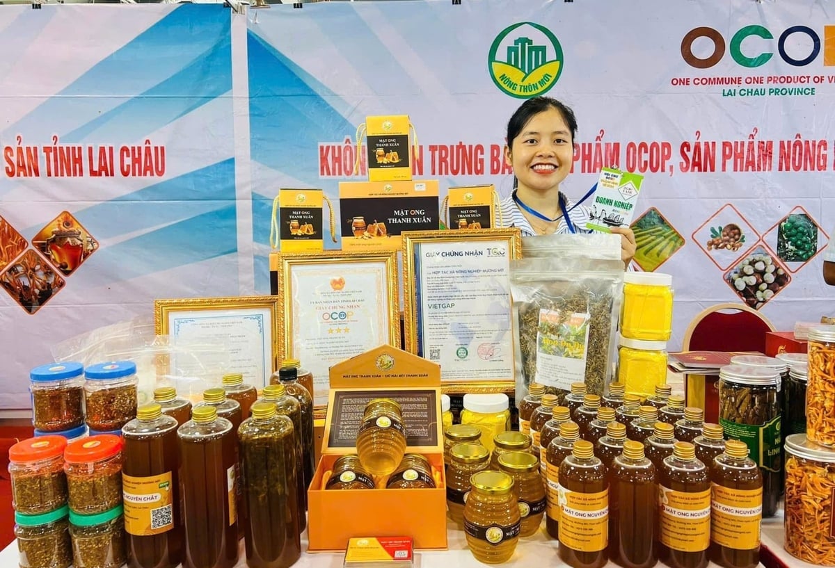 ស្តង់តាំងបង្ហាញផលិតផល OCOP នៅពិព័រណ៍ណែនាំផលិតផល OCOP ខេត្ត Lai Chau ។ រូបថត៖ H.C. Gian trưng bày sản phẩm OCOP tại Hội chợ giới thiệu sản phẩm OCOP tỉnh Lai Châu. Ảnh: H.C.