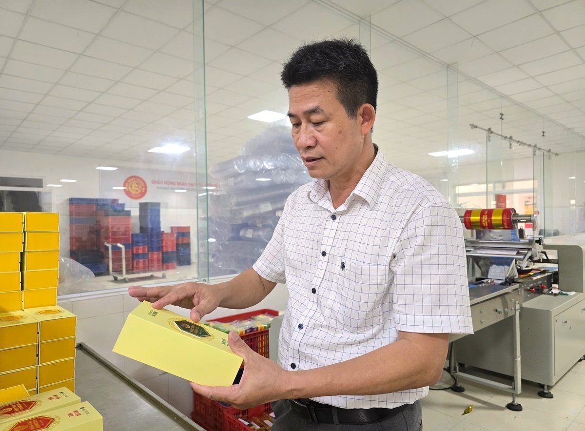 លោក Dao Quang Chuyen - ប្រធានក្រុមប្រឹក្សាភិបាលនៃក្រុមហ៊ុនភាគហ៊ុនរួម Hoang Gia បានណែនាំយ៉ាងសាទរនូវផលិតផលនំសណ្តែកបៃតងដែលបំពេញតាមស្តង់ដារ OCOP ផ្កាយ 5 ។ រូបថត៖ Dinh Muoi។