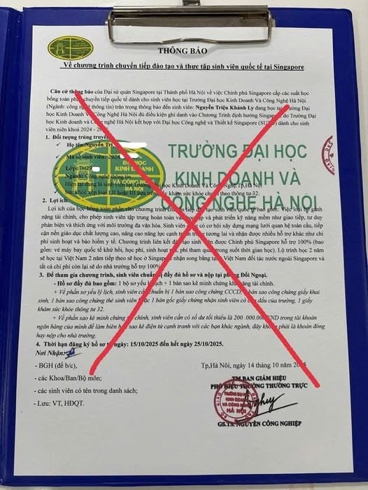 เอกสารปลอมของโครงการศึกษาต่อต่างประเทศของมหาวิทยาลัยธุรกิจและเทคโนโลยีฮานอย