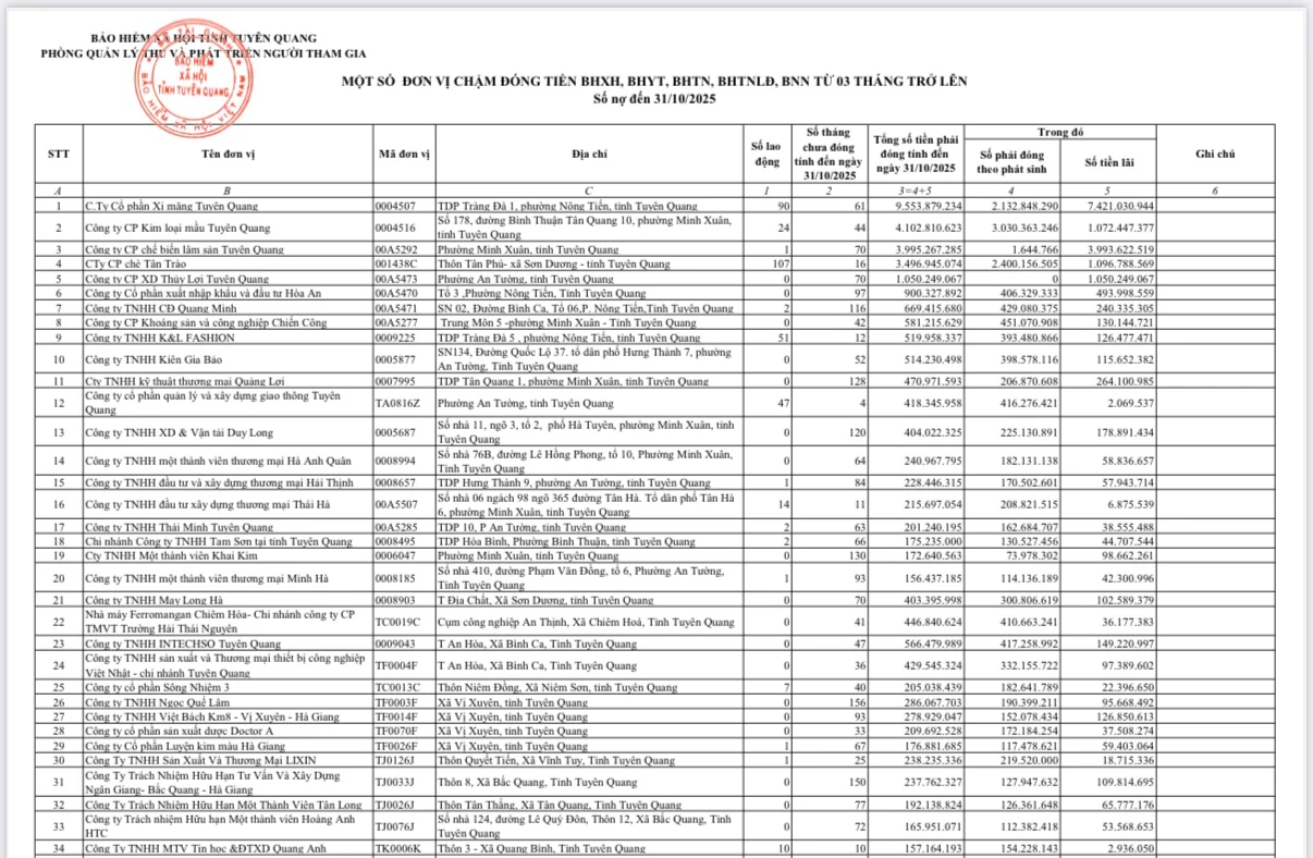 Danh sách đơn vị chậm đóng BHXH, BHYT, BHTN