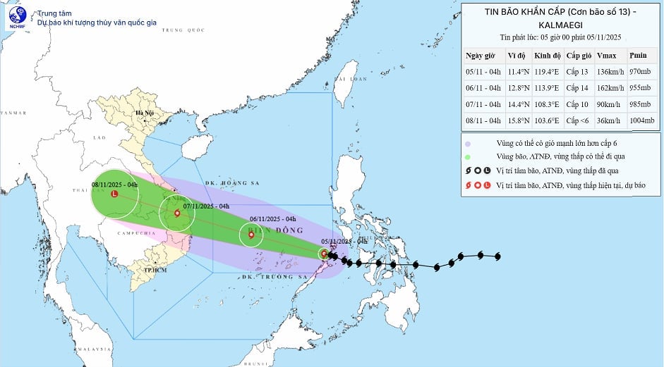 Prakiraan pergerakan dan intensitas badai No. 13. Foto: NCHMF. Dự báo hướng di chuyển và cường độ bão số 13. Ảnh: NCHMF.