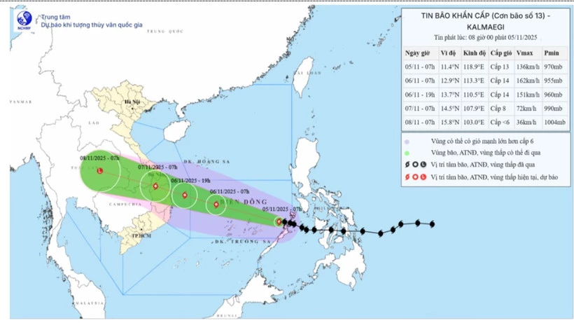 Prognoskarta över storm nr 13 (Kalmaegi)s bana och intensitet släppt klockan 08:00 den 5 november.