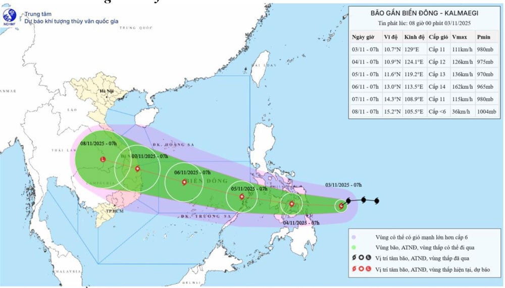 Weersverwachtingkaart van storm nr. 13 (Kalmaegi) en de intensiteit ervan om 14:00 uur op 5 november 2025.