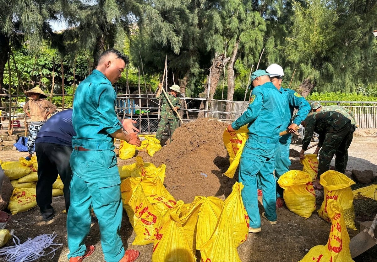 Lực lương dân quân hỗ trợ xúc cát, giằng mái tôn. Ảnh: CTV.