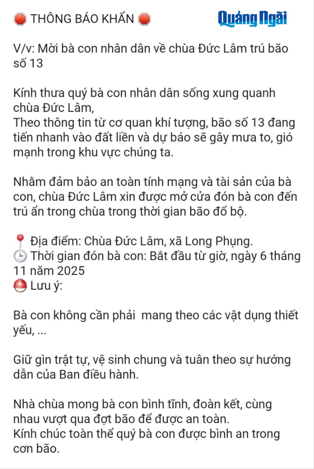 Information communiquée par le vénérable Thich Hanh Nhan, abbé de la pagode Duc Lam, commune de Long Phung. Photo : Quang Ngai Electronic Newspaper