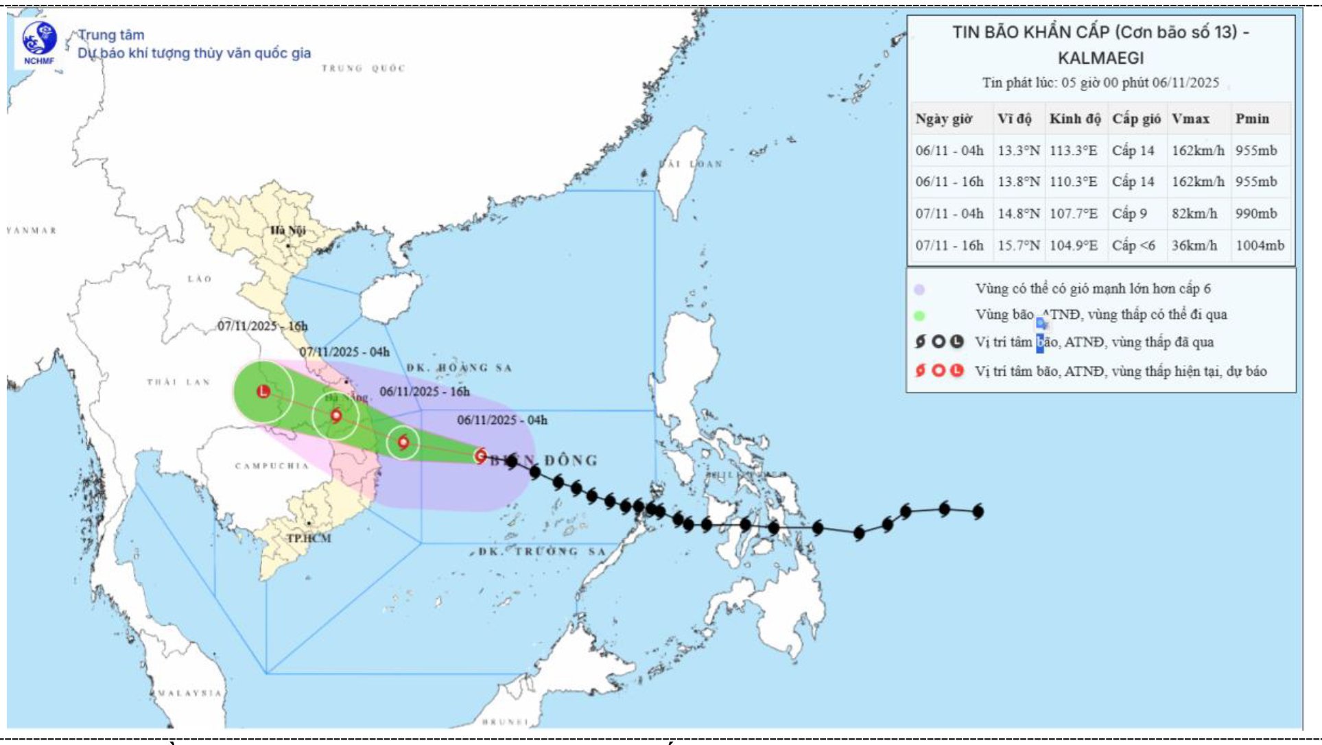 Bản đồ dự báo quỹ đạo và cường độ bão số 13 (Kalmaegi) phát lúc 5 giờ ngày 6/11/2025.